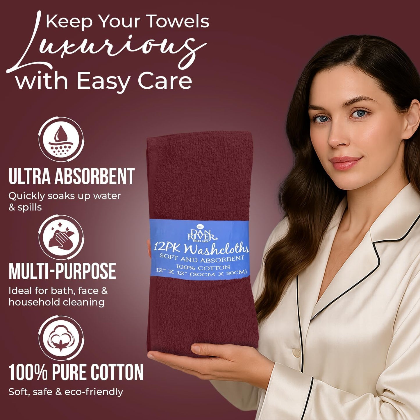 DAN RIVER 100% Cotton Wash Cloths 12 Pack [12x12] Soft & Absorbent Rags for Body, Gym, Hotels & Spa Perfect for Everyday Use Fingertip Towels, Pomegranate