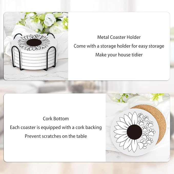6 Absorbent Ceramic Tiles with Cork Base, Paint Your Own Sunflower Coaster |