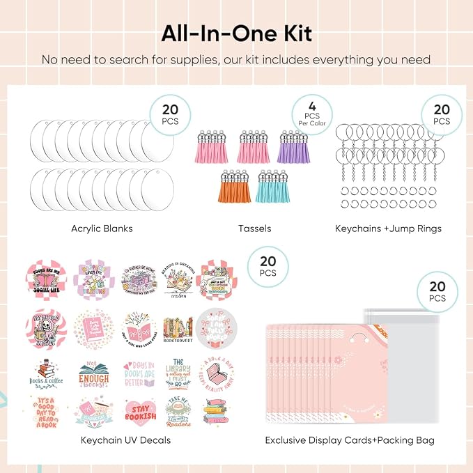 YOPPIX 140 PCS Acrylic Keychain Blank Set, Book Double-Sided UV DTF Stickers