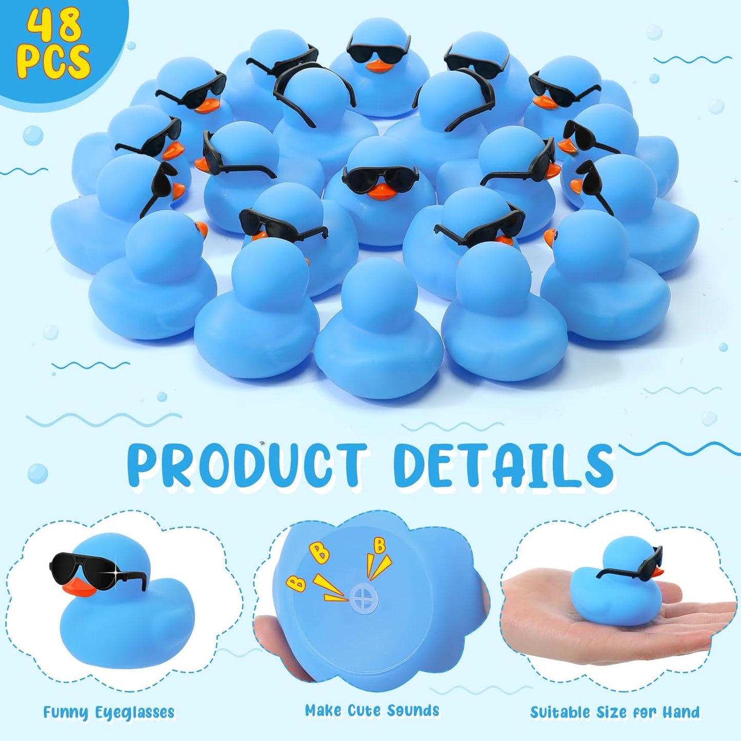 Sosation 48 Pack Mini Rubber Ducks with Sunglasses Sets Squeaky Bath Toys Float Bathtub Duckies for Little One Birthday Party Favors Class Carnival Prizes Car Decor(Blue)