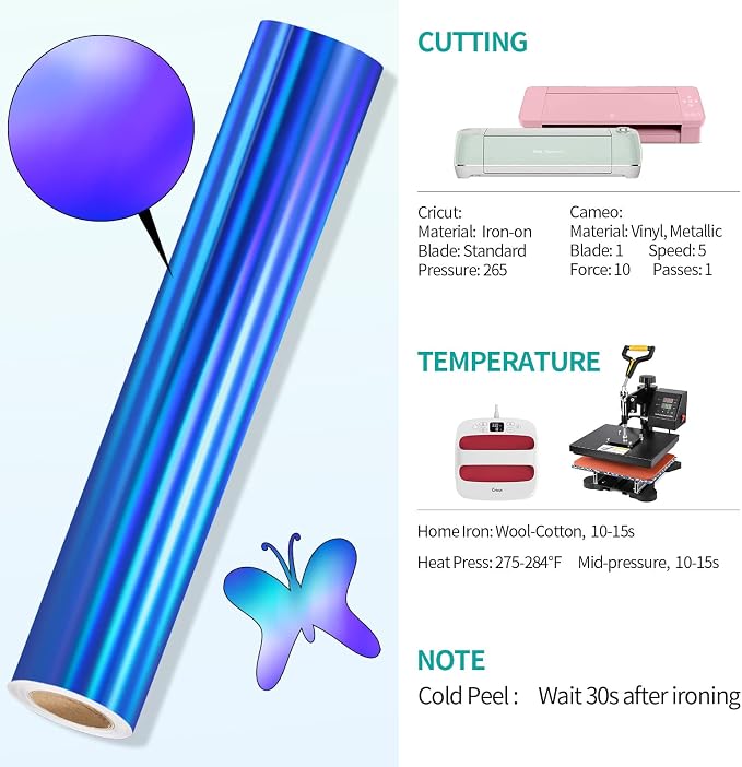 VINYL FROG Blue Holographic Heat Transfer Vinyl 12" x5ft Blue Metallic HTV