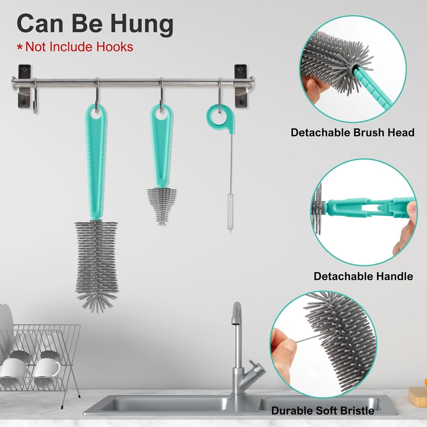 6 in 1 Bottle Brush Set,Bottle Cleaner Brush Kit with Bottle Brush,Drying Rack,Nipple Brush,Straw Brush,Soap Dispenser&Storage Box,Portable Baby Essentials for Home&Travel
