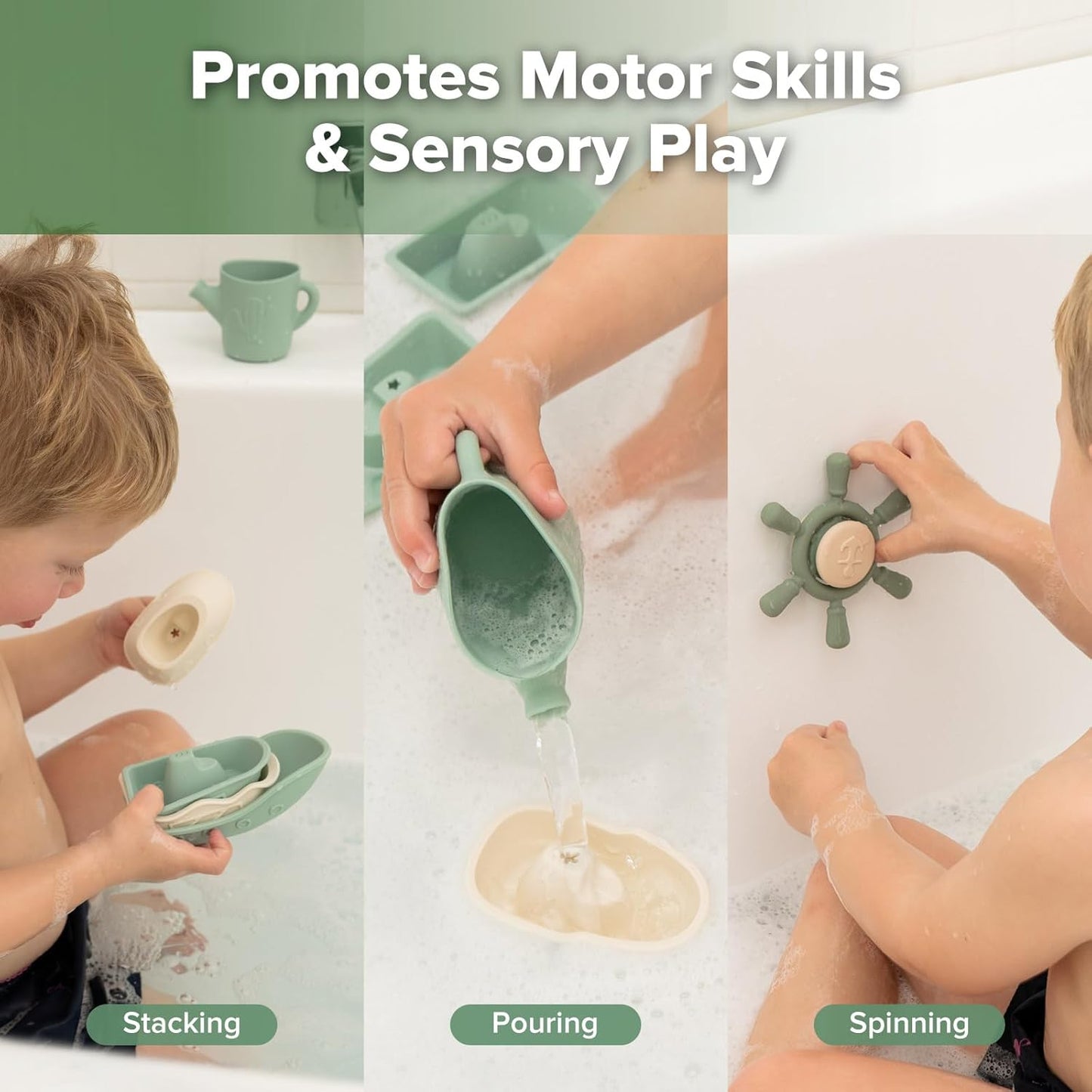 Haakaa Nautical Silicone Baby Bath Toys Set, Food Grade Silicone Bathtub Toys for Toddlers, Mold-Free Stacking Boats & Spinner Toy & Pouring Cup, BPA Free Floating Tub Toys for Baby 6M+