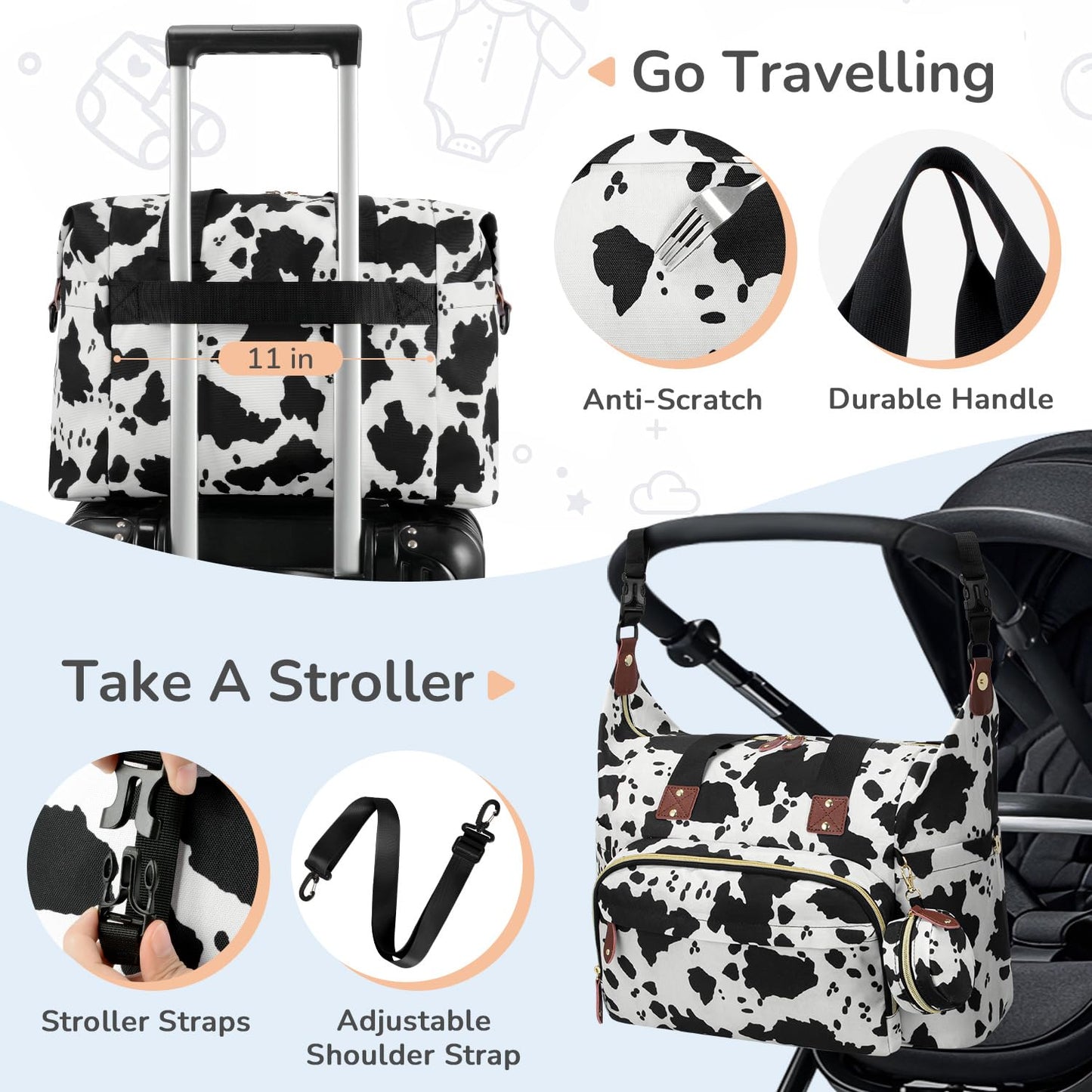 Diaper Bag Tote, Baby Bag Travel Diaper Tote Bag with Pacifier Case, Cute Maternity Hospital Baby Stylish Diaper Tote for Mom Dad Medium Size, Cow Print