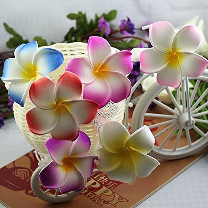 Pursuestar 100Pcs Mixed Colors Foam Hawaiian Frangipani Artificial Plumeria