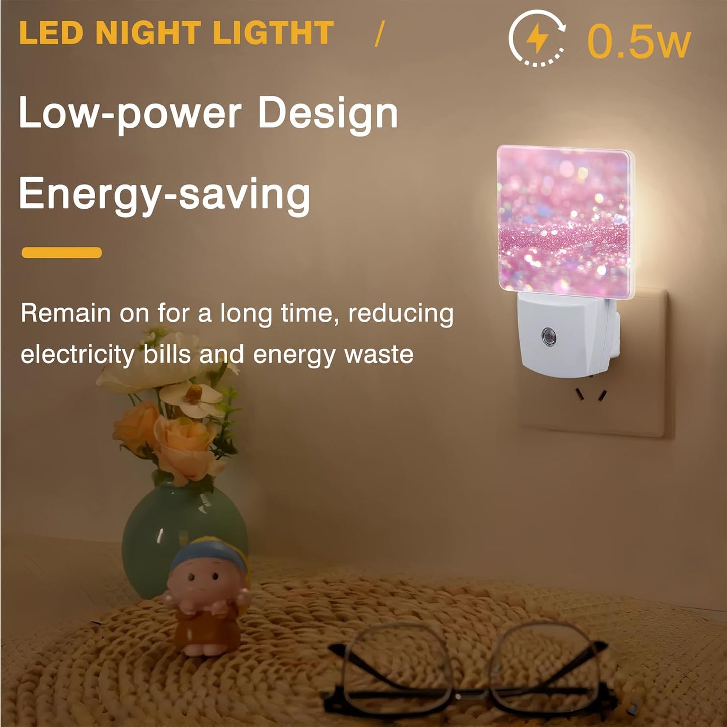 Pink Glitter Night Light, Plug-in Nightlight with Dusk to Dawn Auto Sensor for Home Bedroom Bathroom Hallway Stairway Kitchen 0.5W Sleep Friendly Led Lamp for Women Men