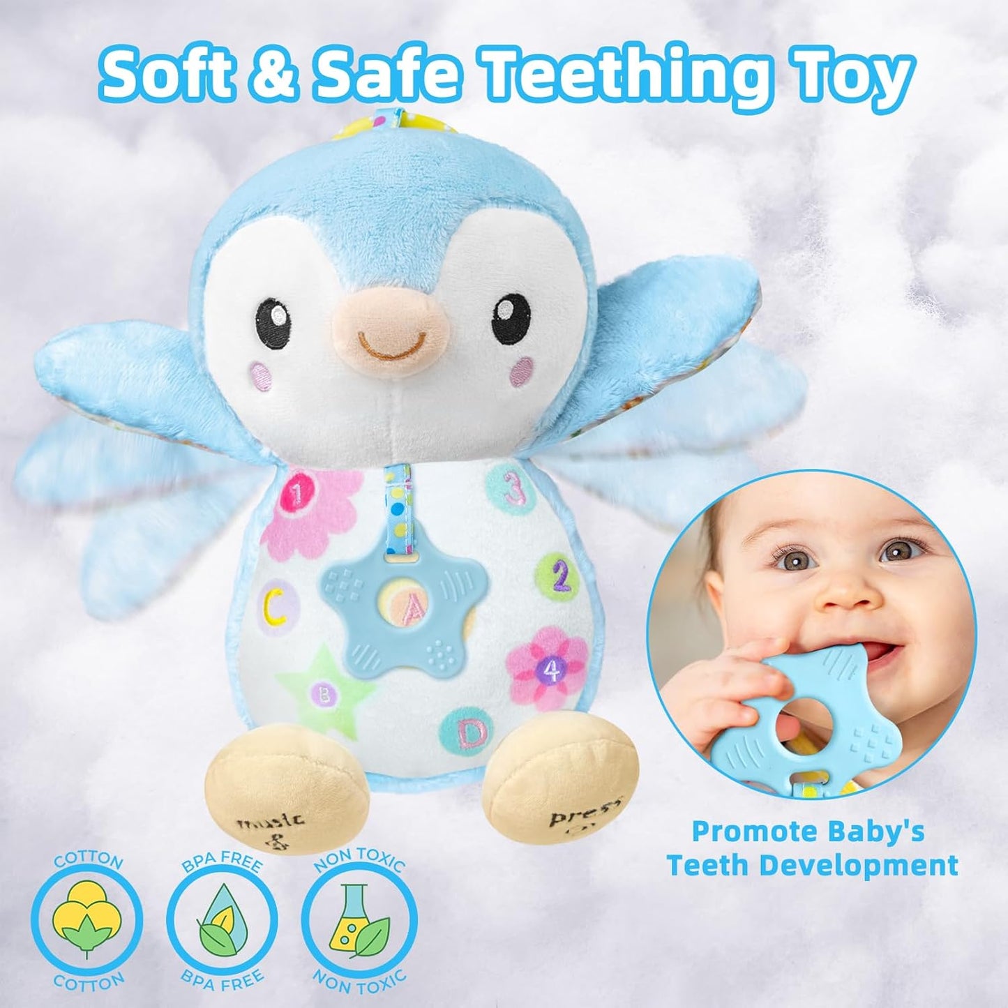 Baby Toys 0-6 Months,Musical Plush Stuffed Animal with Rattles & Crinkle Paper,Hanging Ring for Sensory Play,Tummy Time Toys for 0-12 Months Girls, Baby Girl Gift (Blue)