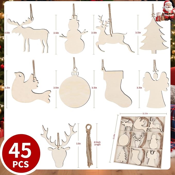 MACTING 45PCS Wooden Christmas Ornaments Unfinished Predrilled Natural Wood