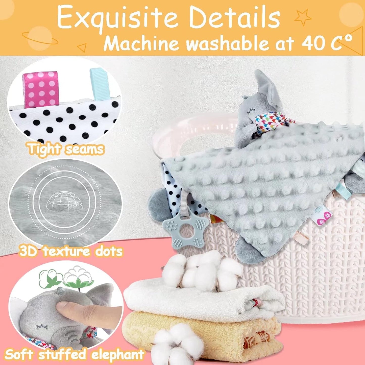 Elephant Security Blanket with Teether - Soft Baby Blanket for Boys & Girls - Dotted, Soothing