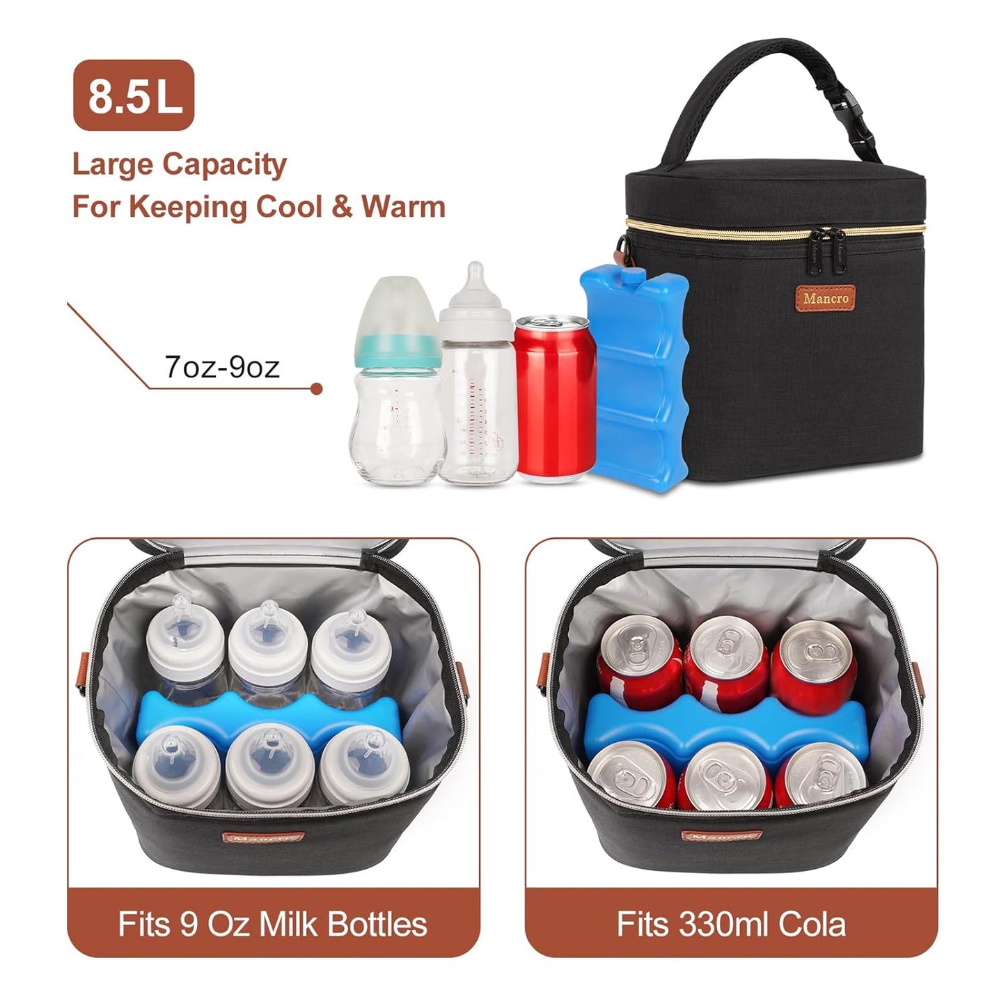 Mancro Breastmilk Cooler Bag with Ice Pack, Fits 6 Baby Bottles Up to 9 Ounce Insulated Baby Bottle Bag, Breast Milk Cooler on The go with Strap, Bottle Storage Bag for Nursing Mom Daycare, Black