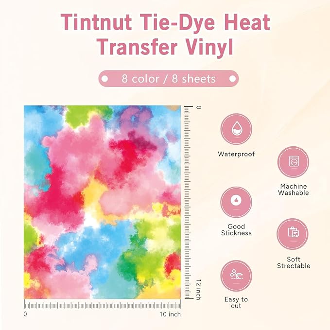 Tintnut Tie Dye Heat Transfer Vinyl, 8 Sheets 10"x12" Iron on Vinyl |