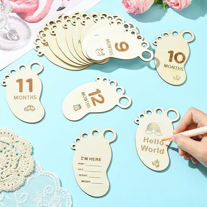 14 pcs Footprint Theme Unfinished Wooden Cutout Charms Baby Newborn Wood Cutouts