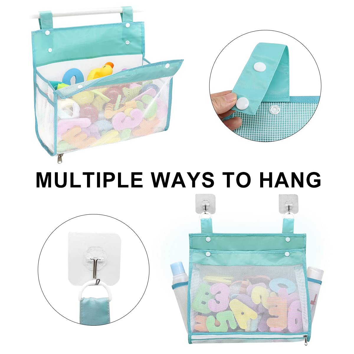Bath Toy Organizer Multiple Ways to Hang, Extra Large Opening Bathroom Toy Holder, Bottom Zipper Bathtub Toy Storage Bag (Blue)