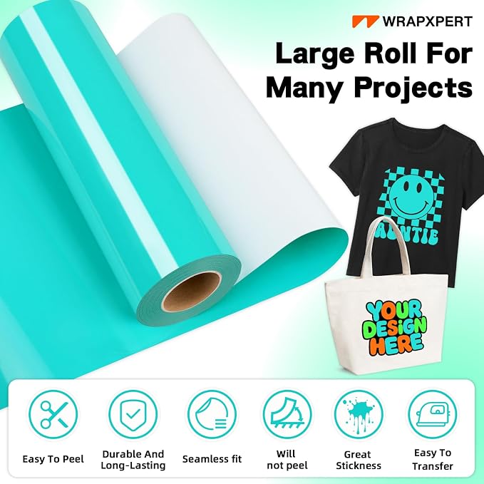 WRAPXPERT HTV Heat Transfer Vinyl Roll-12 x35ft Bright Teal Iron On Vinyl