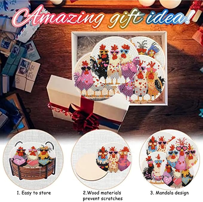 Zythron 8 Pack Diamond Art Coasters, Chicken Diamond Painting Coasters Kits |