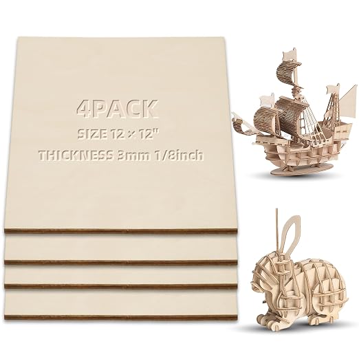 3 mm Baltic Birch Plywood 1/8 x 12 x 12 Inch, 4 Packs Craft Wood, Stronger Than