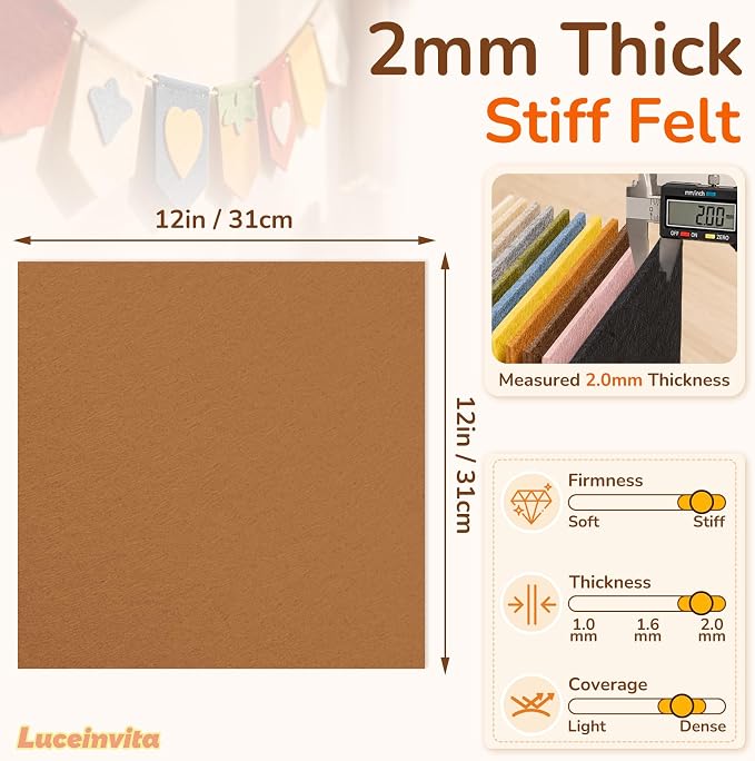 2mm Stiff Felt Sheets 12" X 12" | Thick Polyester Felt Material, DIY Craft