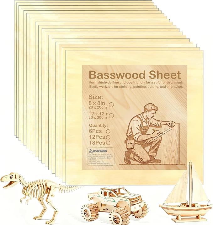 Basswood Plywood Sheets, 12 x 12 in, 3 mm, 18 Pack | Smooth unfinished wood