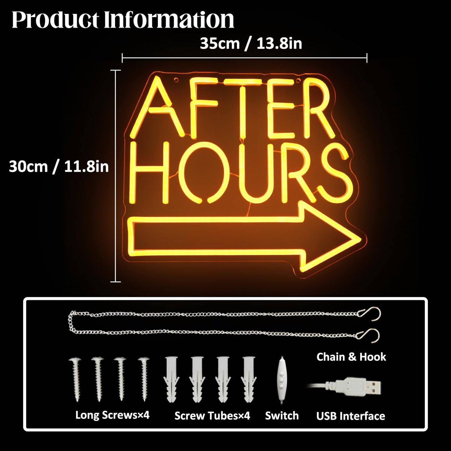 After Hours Neon Sign Bar LED Neon Lights Signs Orange Letter with Arrow Neon Signs for Wall Decor Dimmable Neon Wall Light for Club Pub Man Cave Bar Garage Party Decor Business Sign