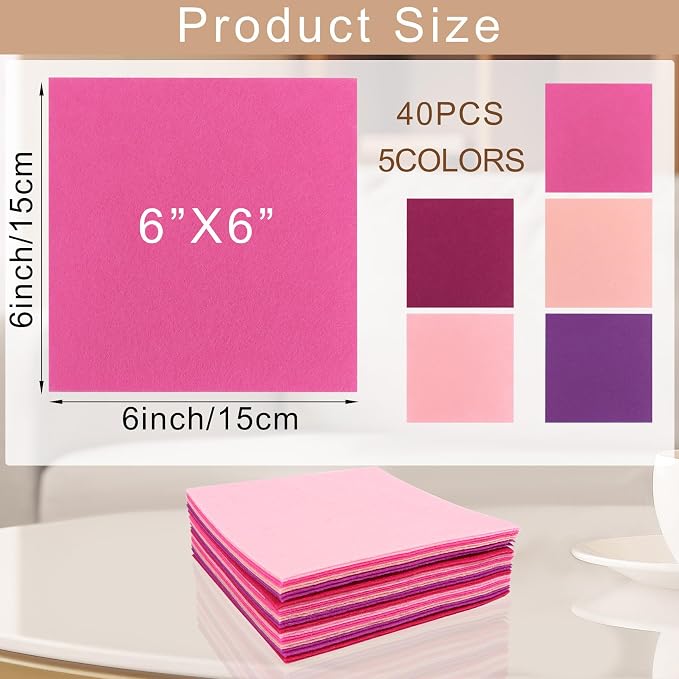 40 Pcs Stiff Felt Fabric Sheet for Crafts, 1mm Thick and 6”x6”Pink Series Felt