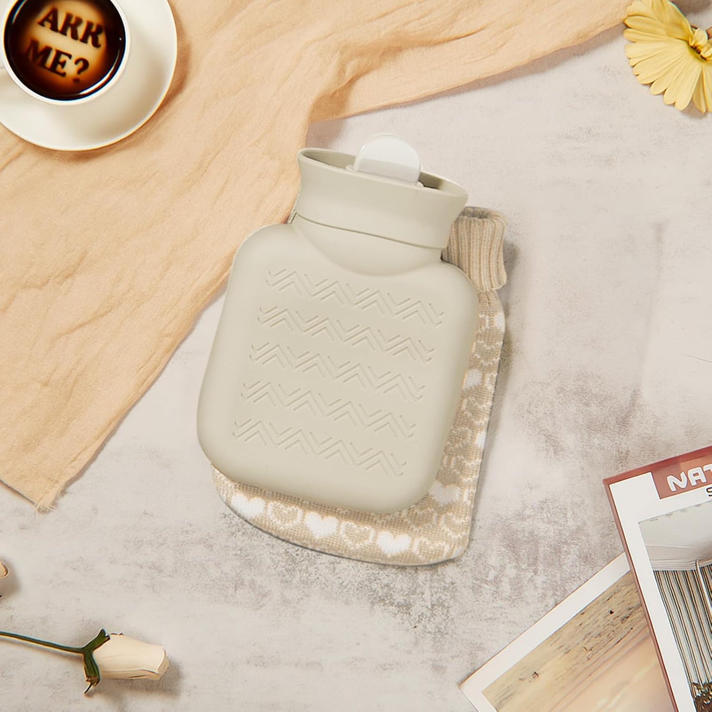 Amylove Mini Hot Water Bottle 320ml for Hot & Cold Compress with Cover Silicone Microwave Heating Small Water Bag for Travel Pain Relief Holiday Gifts(White)