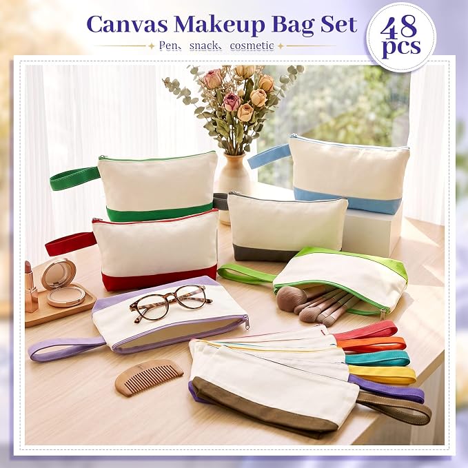 Silkfly 48 Pcs Cotton Canvas Makeup Bags Cosmetic Zipper Bags 10.2 x 5.5 x 2''