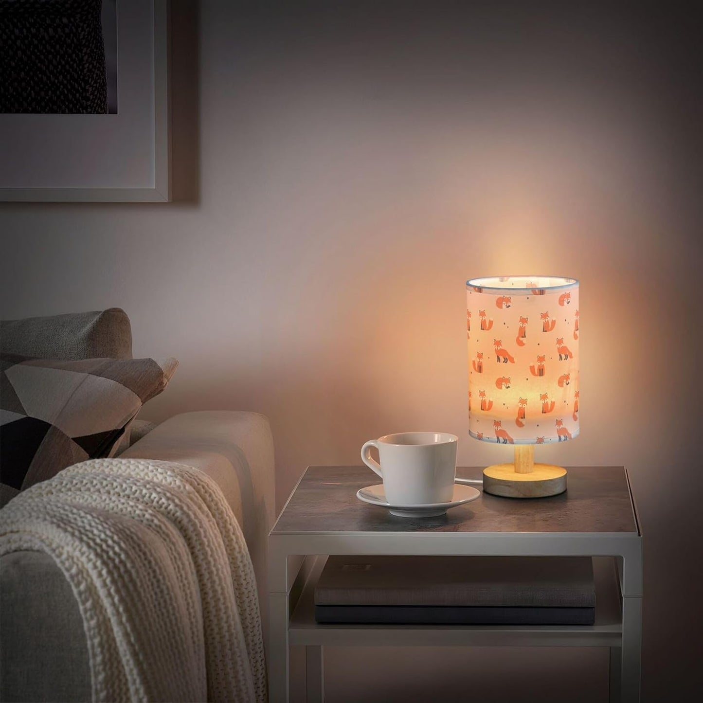 Table Lamp Cute Cartoon Fox with Dot Pattern on Beige Nightstand Lamp with Wood Base Fabric Lamp Shade Bedside Desk Lamp for Living Room Bedroom Kids Room Office