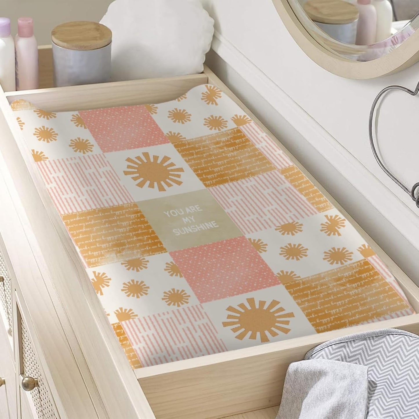 Colorful Boho Sun Changing Pad Covers Cute Sunshine Stripes Diaper Change Pad Sheets for Girls Boys Letters Quote Soft Breathable Stretchy Snug Fitted Changing Mat Cover 32''x16''