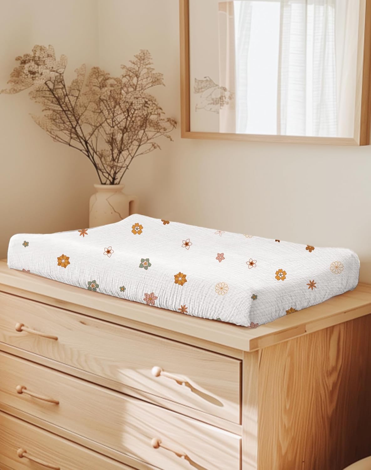 Changing Pad Cover for Baby Boy Girl 2 Pack, Muslin Changing Table Pad Covers with Boho Style, Neutral Nursery Bedding Essentials Soft and Breathable(Sage & Flower-B)