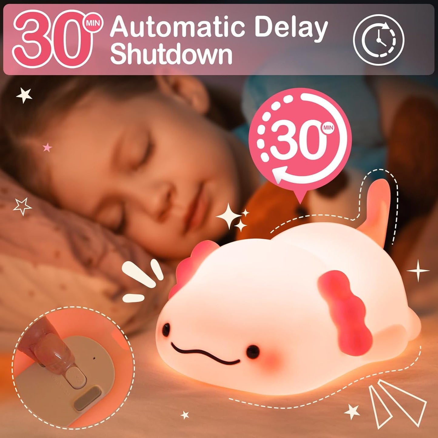 Axolotl Night Light for Kids, Rechargeable Cute Squishy lamp - Silicone Adorable Christmas Axolotl Gifts for Kids - Nightlight Nursery Animal Touch Light - Bedroom Decor for Boy, Girls