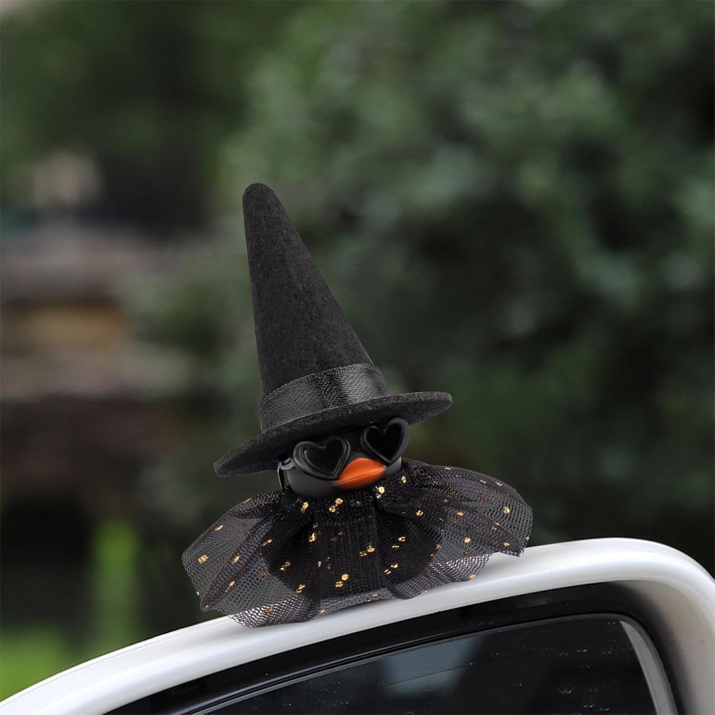 wonuu Car Dashboard Witch Black Rubber Ducks for Halloween, Decorations Duck for Office Desk Ornament Accessories with Hat Glasses Skirt, Black