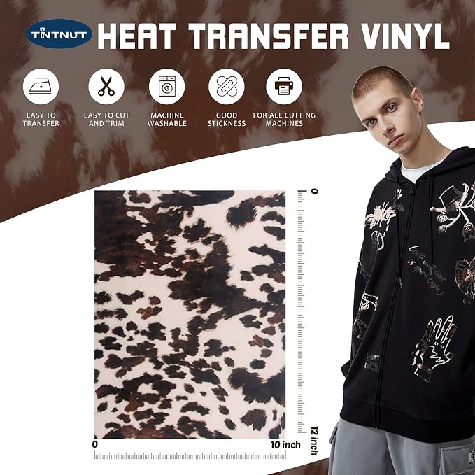 Tintnut Cowhide Heat Transfer Vinyl, 10 Sheets 12x10in Iron on Vinyl | Animal