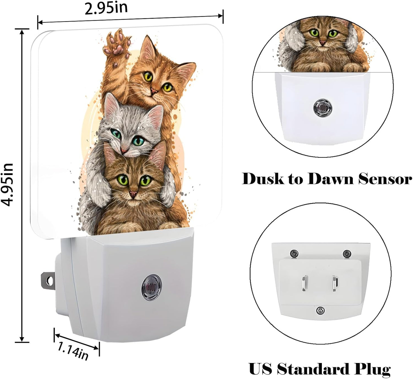 Three Cute Kittens Night Light,Plug Into Wall for Boys Girls Bedroom Decorative Square Night Light Lamp 0.5w Sleep Friendly