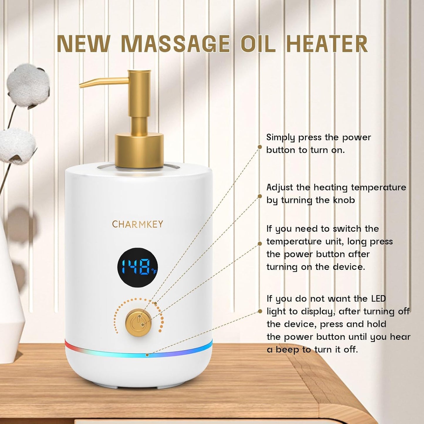 CHARMKEY Massage Oil Warmer White, 2 Oil Bottle Dispensers & 2 Silicone Funnels, Digital Heater for SPA, Oil Lotion Cream for Salon, Barber Shops, Home