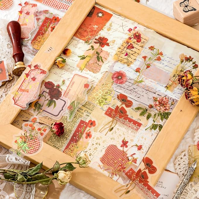 180PCS Gold Foil Vintage Botanical Flower Scrapbook Stickers, Craft Supplies