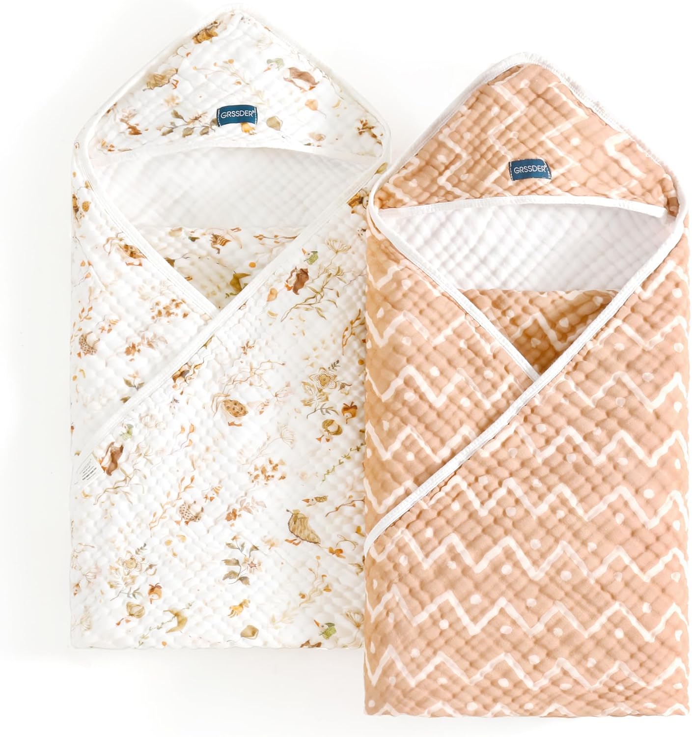 GRSSDER Ultra Soft Absorbent Muslin Cotton Baby Hooded Towel 2 Pack with Original Patterns, Extra Large Size 35"x 35" Swaddle Wrap for Newborn Infant and Toddler