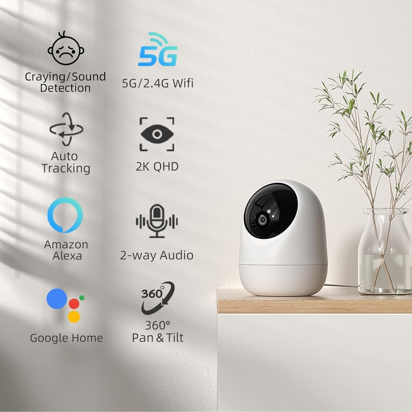 Rraycom 2K Pan/Tilt Security Camera for Baby Monitor, 5G Dog Camera w/Motion Detection&Crying Detection, 2-Way Audio, Siren, Night Vision, Motion Tracking,Cloud & SD Card Storage, Works/Alexa,3Pack