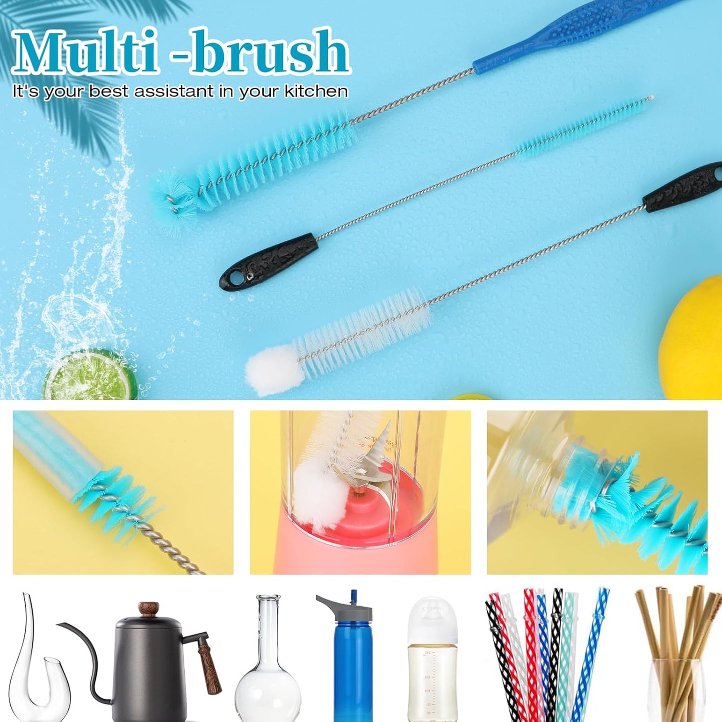 6 Pack Bottle Brush Cleaner Set, Long Handle Stainless Steel Water Bottle Cleaner Brush for Washing Sport Bottles, Narrow Neck Bottle, Baby Bottles, Dish, Flask, Straw, Cup Cover