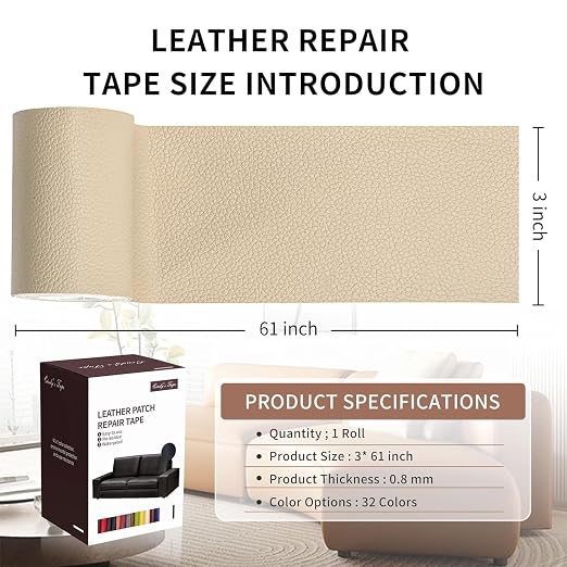 Leather Repair Patch Tape, Light Beige 3 x 61 Inches Self Adhesive Leather