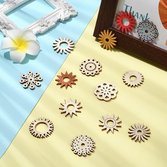 200 pcs Mixed Styles Sunflower Theme Unfinished Wood Cutout Charms Daisy Flower