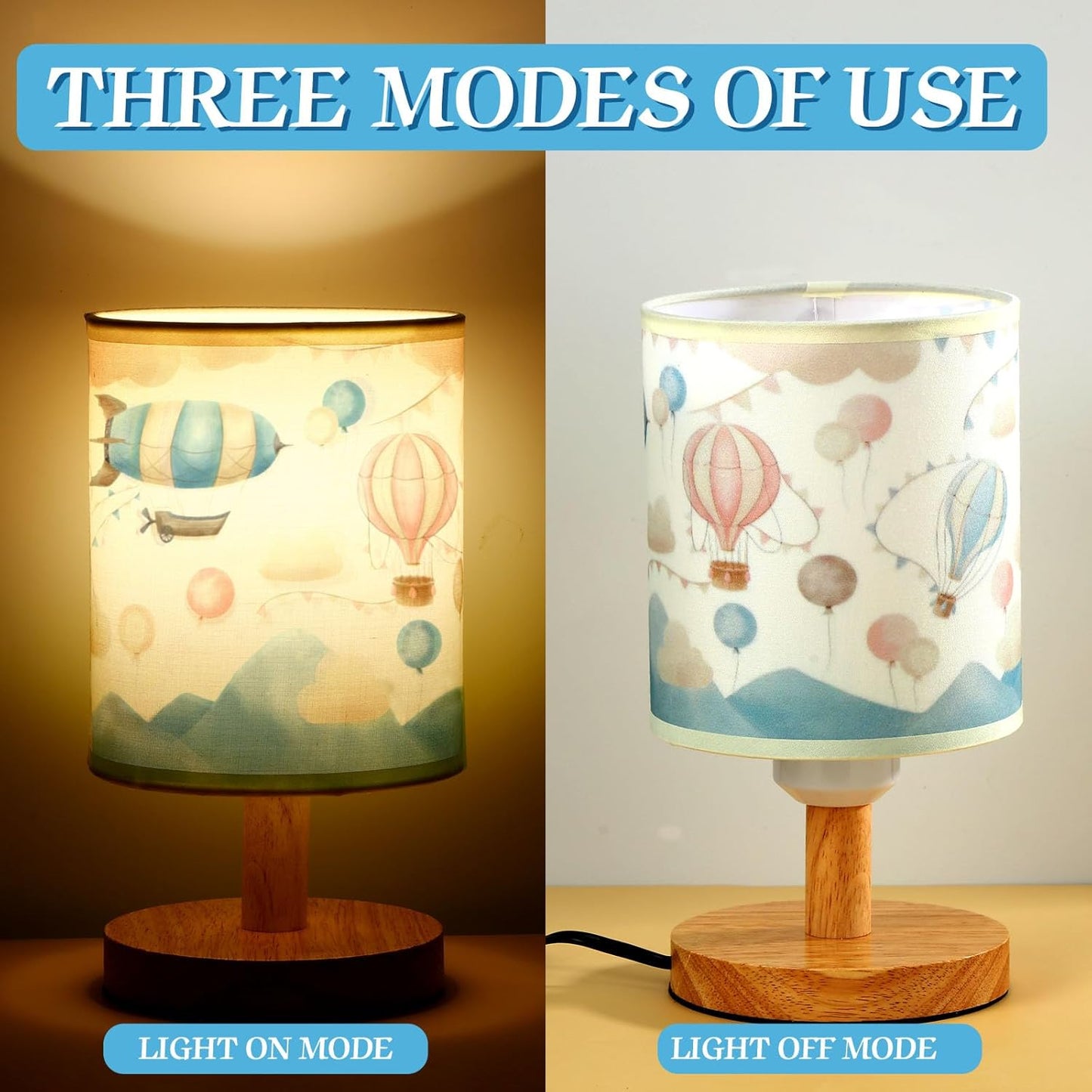 VIHOSE Hot Air Balloon Kids Table Lamp for Bedroom Kids Bedside Lamp with Linen Wooden Nightstand Cartoon Nursery Lampshade for Girls Boys Living Room