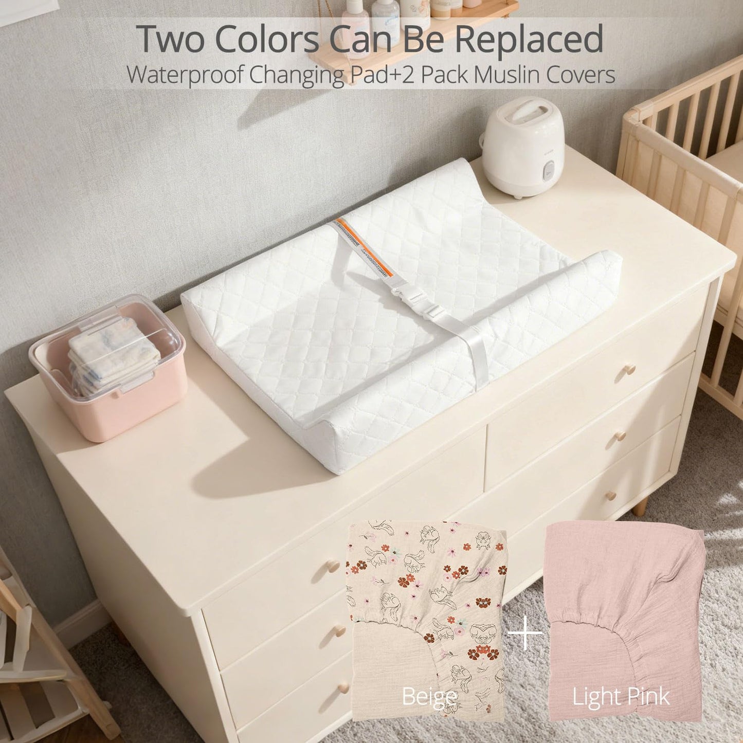 Muslin Baby Changing Pad, 2 Pack Muslin Soft Cotton Covers & Waterproof Lining Foam Diaper Changing Table Pad 32" x 16.6" Mat for Dressers