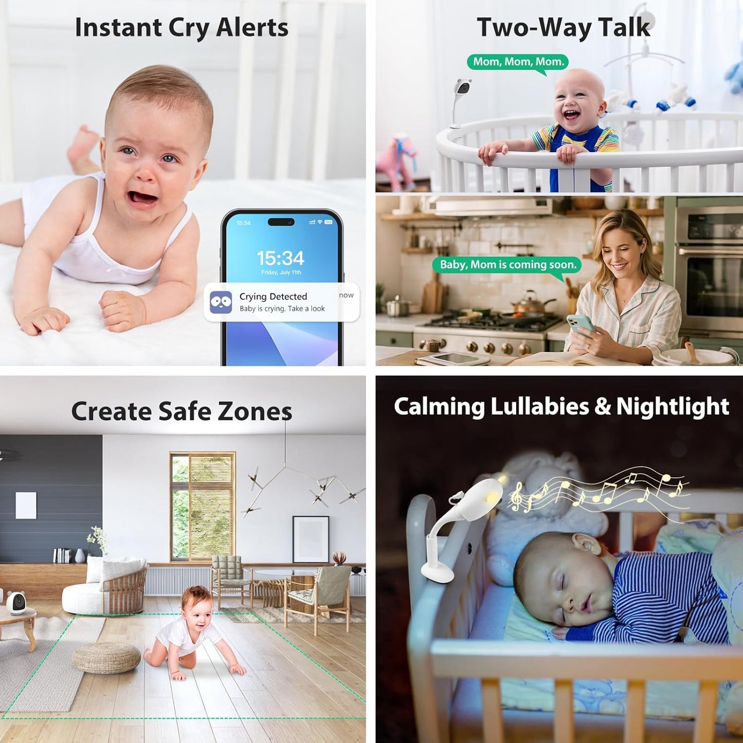 Smart Baby Monitor WiFi with Camera and Audio, Baby Breathing Detection Contact-Free AI, 2K Night Vision Contact Free Camera Device, Wireless App Control, No Monthly Fee - White
