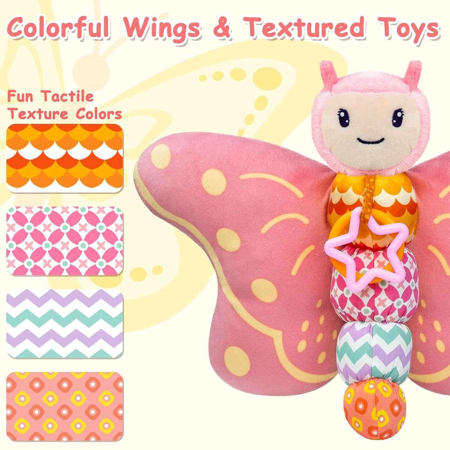 Baby Toys 0-6 Months,Infant Musical Sensory Stuffed Animal with Squeaker,Rattle,Crinkle Wings,Teether & Hanging Ring,Tummy Time Toy for Newborn 0-3-6-12 Months Boys & Girls Gift,Butterfly,Pink