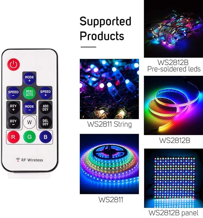 RGBZONE WS2812B RF LED Controller, 3-PIN Mini LED Strip Lights Controller, DC 5V/12V/24V for WS2812 WS2811 Dream Color LED Strip Lights(14 Key)