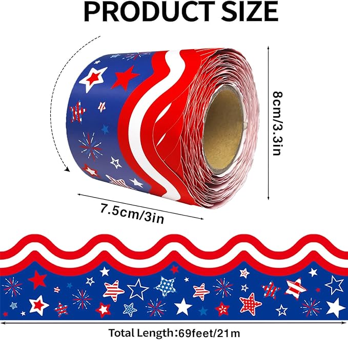 69Feet Patriotic Bulletin Board Border 4th of July Red Blue White Stars