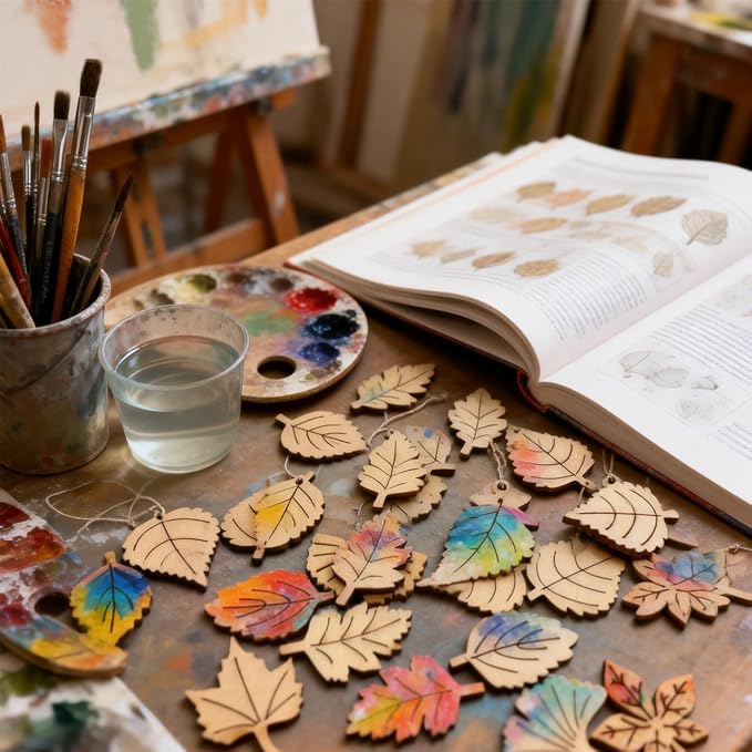 100 Pcs Unfinished Wooden Leaf Cutouts Assorted Leaf Shapes DIY Craft Supplies