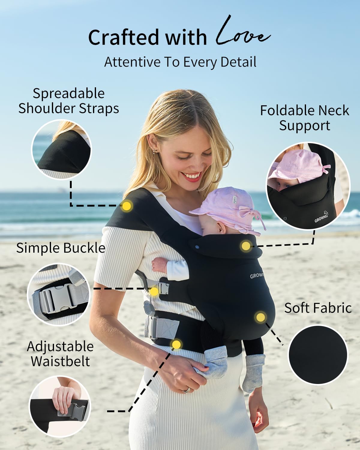 GROWNSY Baby Carrier Newborn to Toddler, Cozy Baby Wraps Carrier, Ergonomic Baby Carrier with Head Support, Black