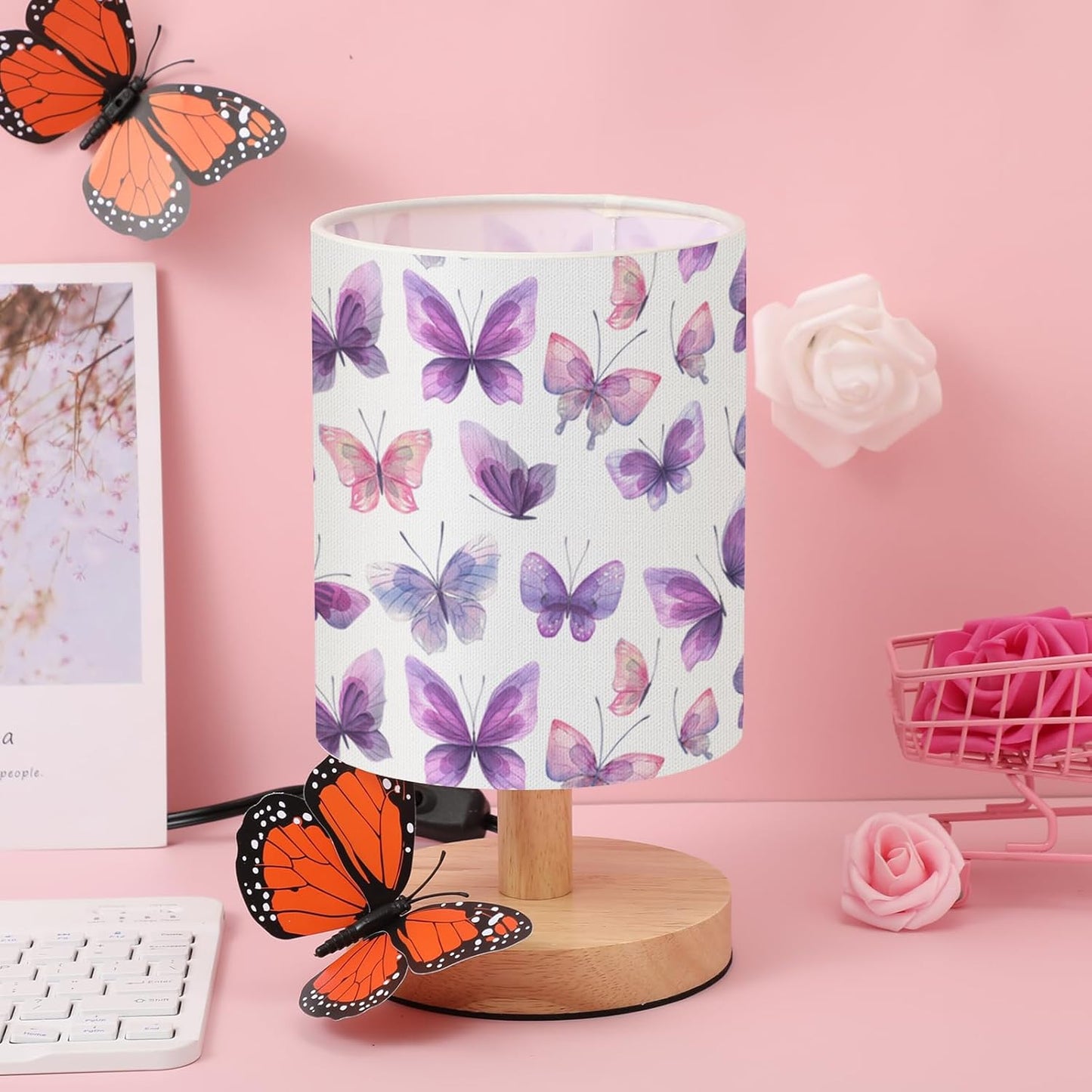 VIHOSE Butterfly Kids Table Lamp for Bedroom Kids Bedside Lamp with Linen Wooden Nightstand Cartoon Nursery Lampshade for Girls Boys Living Room