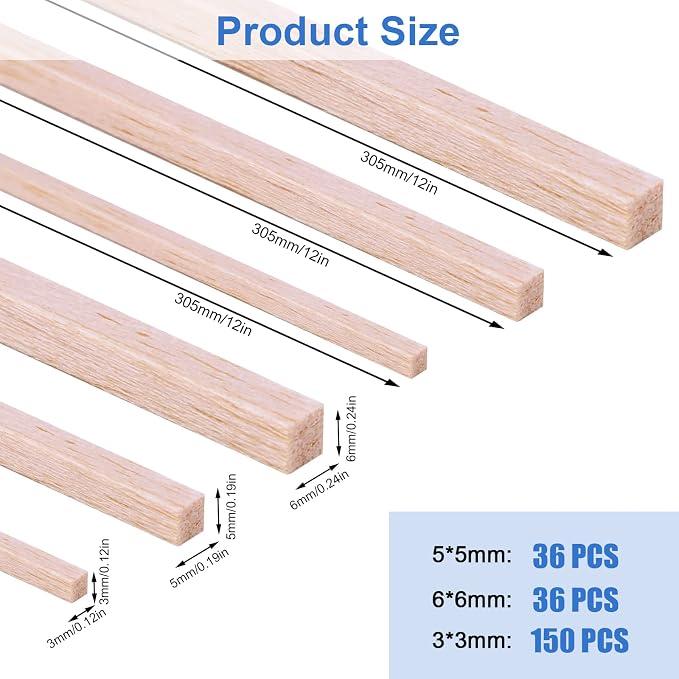 222Pcs Balsa Wood Sticks Variety Wood Strips Balsa Square Wooden Dowels Rod |